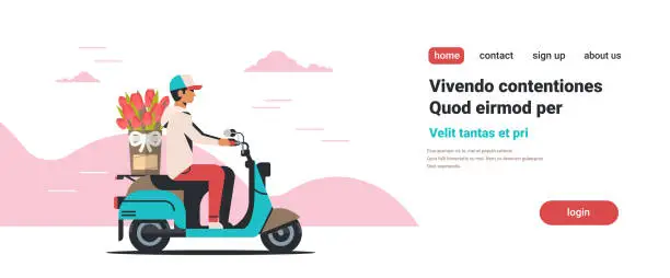 Vector illustration of man courier riding scooter with bouquet international women day flower delivery concept isolated flat copy space horizontal