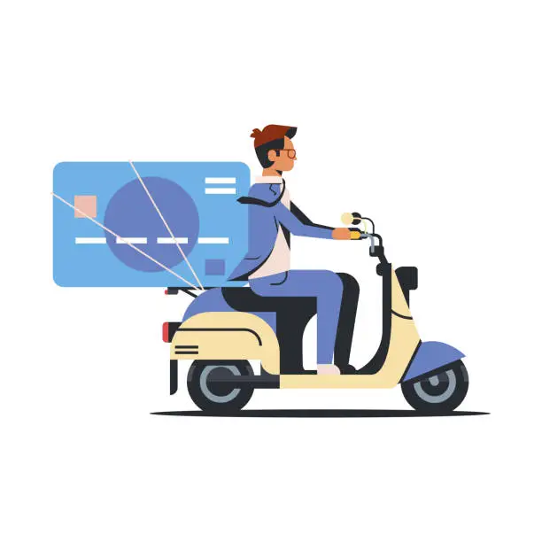 Vector illustration of businessman riding scooter with credit card online banking electronic payment concept isolated flat