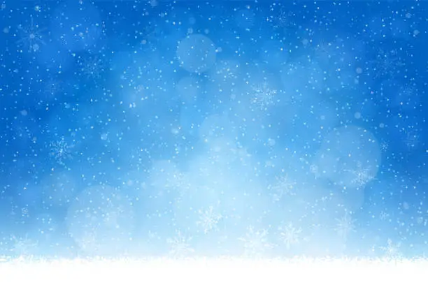Vector illustration of Christmas - Winter blue background: Falling snow, snowflakes and defocused lights