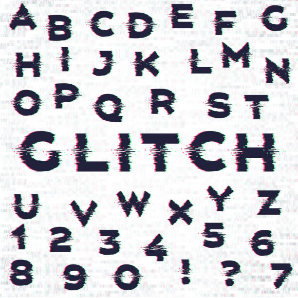 Glitch alphabet with noise effect Glitch alphabet with noise effect distorted font stock illustrations