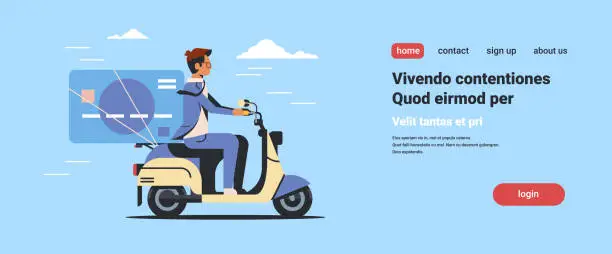 Vector illustration of businessman riding scooter with credit card online banking electronic payment concept isolated flat horizontal copy space