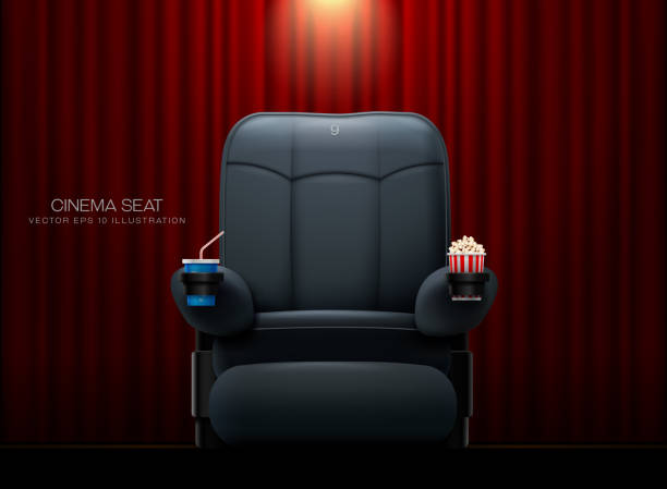 Cinema seat.Theater seat on curtain with spotlight background Cinema seat.Theater seat on curtain with spotlight background armchair stock illustrations