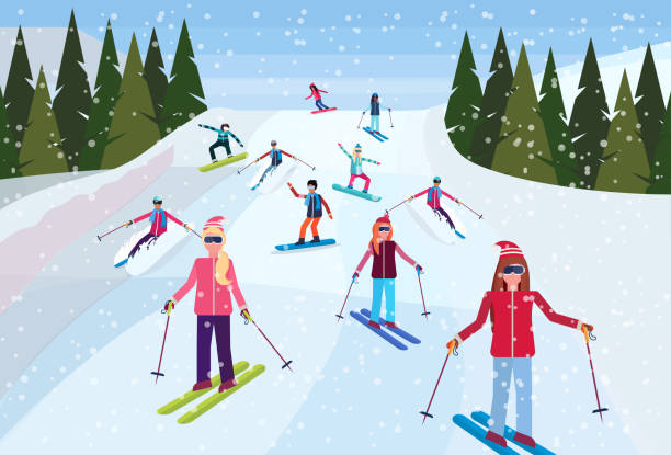 ilustrações de stock, clip art, desenhos animados e ícones de skiers sliding down snowy mountain hill fir tree landscape background people skiing winter vacation concept flat horizontal vector illustration - wintry landscape snow fir tree winter