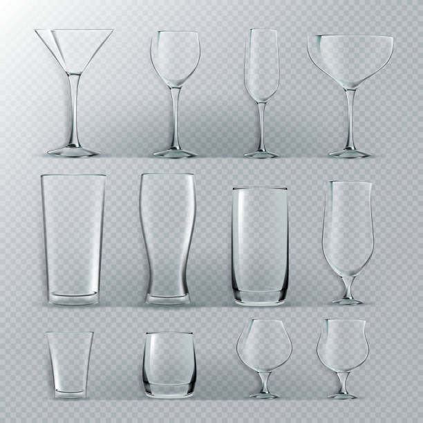 illustrazioni stock, clip art, cartoni animati e icone di tendenza di vettore set di vetro trasparente. calici trasparenti a bicchieri vuoti per acqua, alcol, succo di frutta, bevanda cocktail. illustrazione luminosa realistica - bar glasses