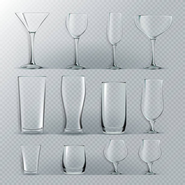 투명 한 유리는 벡터를 설정합니다. 투명 한 빈 주스, 칵테일 음료, 물, 알코올에 대 한 받침 달린 컵을 유리. 현실적인 밝은 그림 - glass cup stock illustrations