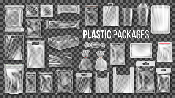Plastic Packages Transparent Wrap Set Vector. Empty Food Product Polyethylene Package Mock Up Template. Realistic Nylon Doy Pack Packaging Branding Design Illustration Plastic Packages Transparent Wrap Set Vector. Empty Food Product Polyethylene Package Mock Up Template. Realistic Nylon Doy Pack Packaging Branding Illustration box container stock illustrations