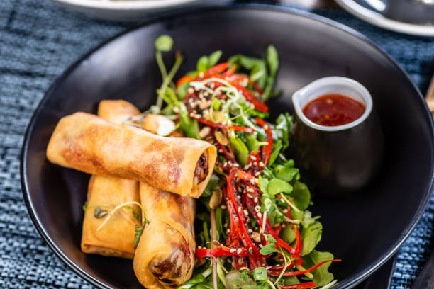 Spring Rolls A plate of three spring rolls, green salad and chili sauce vietnamese culture photos stock pictures, royalty-free photos & images