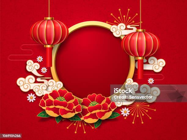 2019 새 해 템플릿 중국어 꽃 음력설에 대한 스톡 벡터 아트 및 기타 이미지 - 음력설, 중국 문화, 랜턴