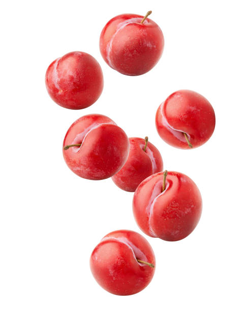 istock Falling plum isolated on white background, clipping path, full depth of field 1069106244