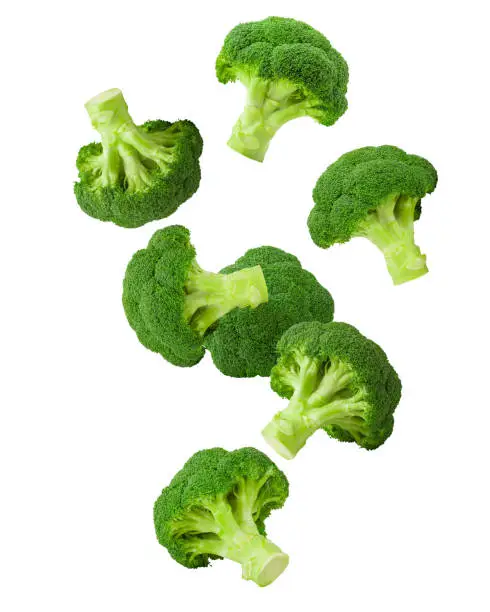 Photo of Falling broccoli, isolated on white background, clipping path, full depth of field