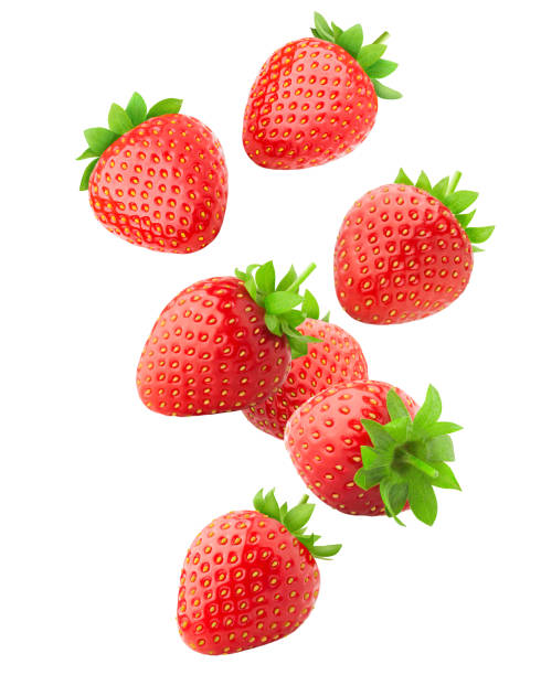 chute de fraise isolé sur fond blanc, clipping path, toute la profondeur de champ, photo de haute qualité - healthy eating nature studio shot vertical photos et images de collection