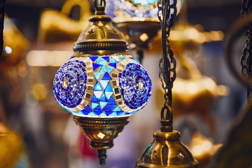 Close-up view traditional lamps for sale at souq in Muscat, Sultanate of Oman.