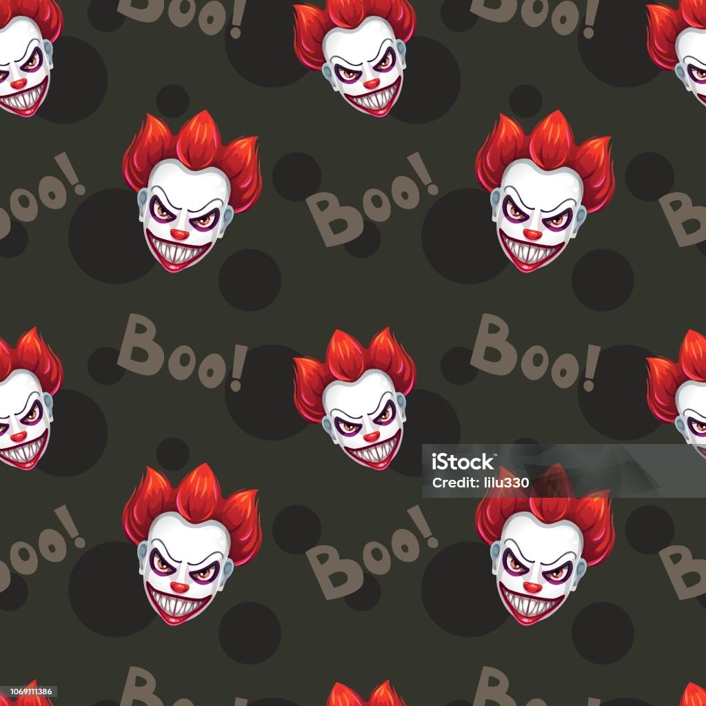 Seamless pattern with scary evil clown faces Seamless pattern with scary evil clown faces on the black background. Vector texture. Clown stock vector