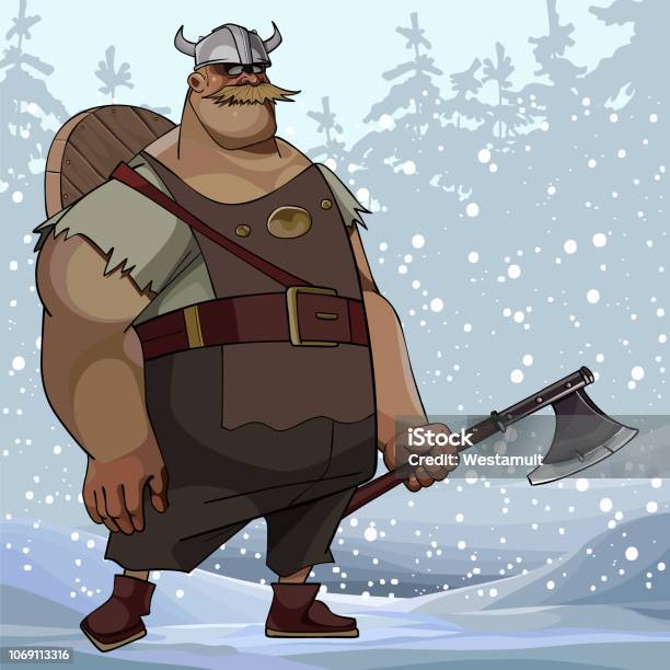 Cartoon Burly Man In Viking Clothes With An Ax In A Snowy Forest Stock Illustration - Download Image Now