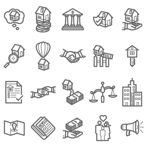 ilustrações, clipart, desenhos animados e ícones de real estate mortgage empréstimo linha conjunto de ícones - house human hand choice real estate