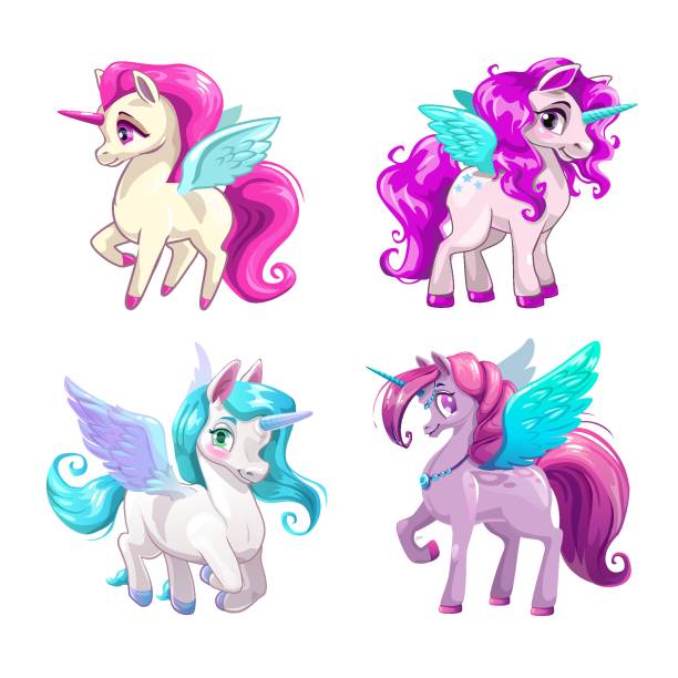 Little cute cartoon pegasus icons set Little cute cartoon pegasus icons set. Beautiful fantasy pony. Pretty girlish vector illustration for girls t shirt print design. pony wings stock illustrations