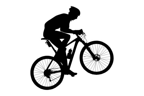 man cyclist mountain biker man cyclist mountain biker riding uphill black silhouette mountain biking stock illustrations