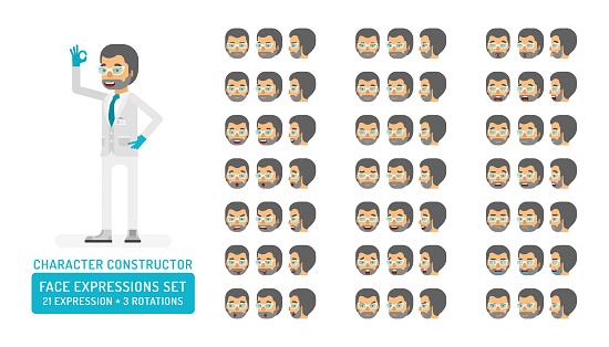 Lab Expression Face Vector Scientist Man In Lab Coat And Gloves Character Face Expressions ...