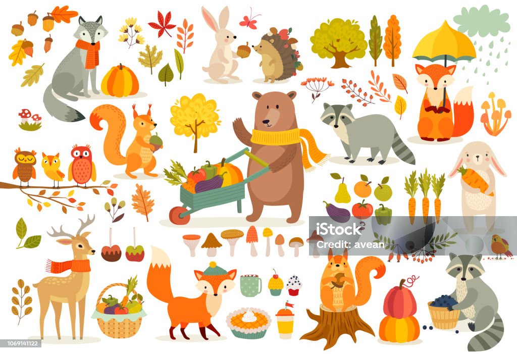 Fall Theme Set Forest Animals Hand Drawn Style Stock Illustration -  Download Image Now - Autumn, Animal, Cute - iStock