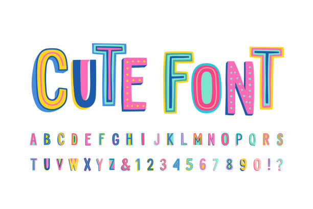 Uppercase cute alphabet font. Uppercase cute alphabet font. Letters, numbers and symbols. Vector Hand drawn typography for banners, headlines, posters. Modern funny typeface. playful font stock illustrations