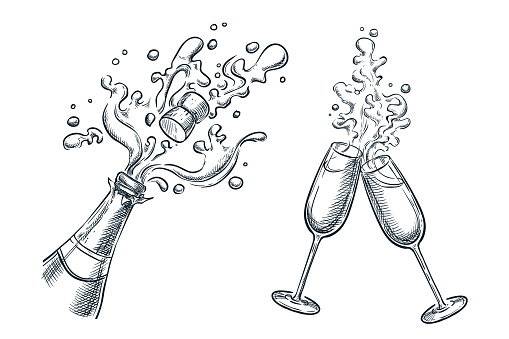 Explosion champagne bottle and two glasses with splash drinks. Sketch vector illustration. Hand drawn holiday celebration design elements.