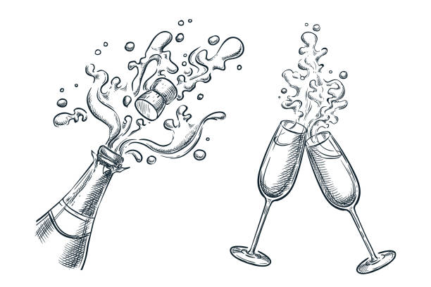 Explosion champagne bottle and two glasses with splash drinks. Sketch vector illustration. Holiday design elements Explosion champagne bottle and two glasses with splash drinks. Sketch vector illustration. Hand drawn holiday celebration design elements. honor illustrations stock illustrations