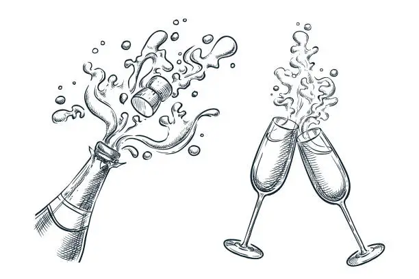 Vector illustration of Explosion champagne bottle and two glasses with splash drinks. Sketch vector illustration. Holiday design elements