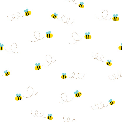 Cute bee seamless pattern vector illustration. Flying bees on white background.