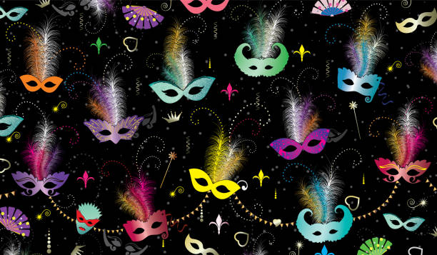 Carnival masks background Abstract carnival mask and feathers, (gradient colors on black background, vector illustration. ostrich feather stock illustrations