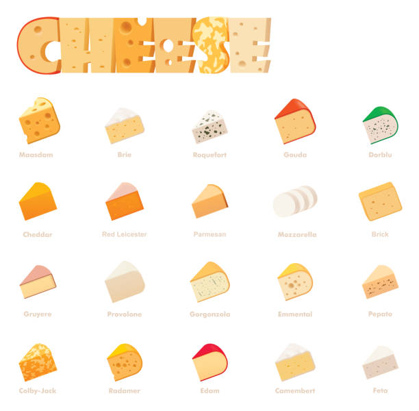 Vector cheese types icon set Vector cheese types icon set. Includes various cheese types - maasdam, brie, gouda, mozzarella, swiss cheese, parmesan, emmental, camembert, cheddar, feta dorblu and other popular cheeses cheese stock illustrations