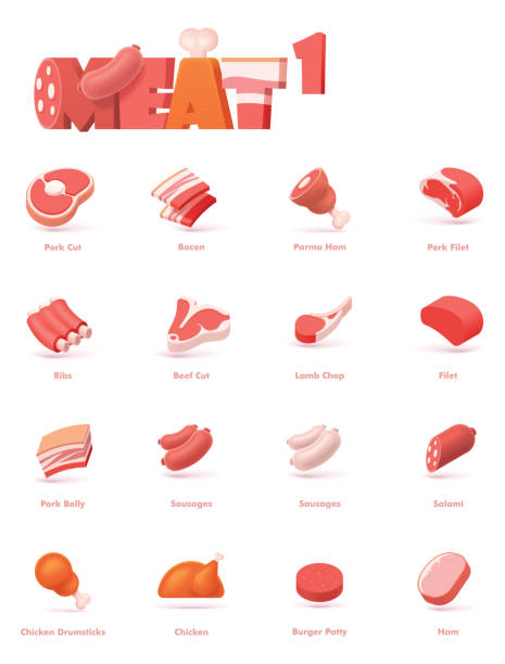 Vector meat icon set Vector meat icon set. Includes beef, pork, lamb chicken meat icons and meat products - sausages, bacon, parma ham, ribs, beef cut, salami, burger patty, ham and pork belly steak vertical beef meat stock illustrations