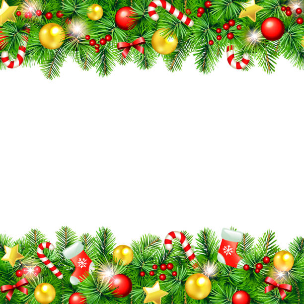 ilustraciones, imágenes clip art, dibujos animados e iconos de stock de tarjeta de felicitación hermosa navidad guirnalda - ilustración - vector holly christmas art