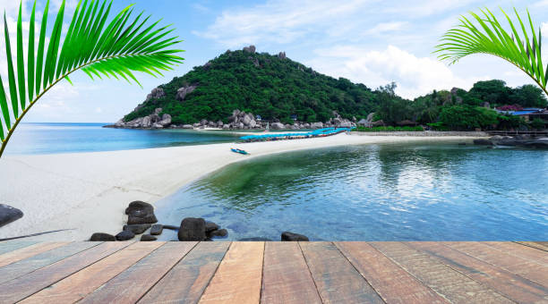 istock empty wood desk and summer blue sea background and leaf coconut palm tree .Blank space for text and images.Concept Summer, Beach, Sea, Relax, Party 1069156176