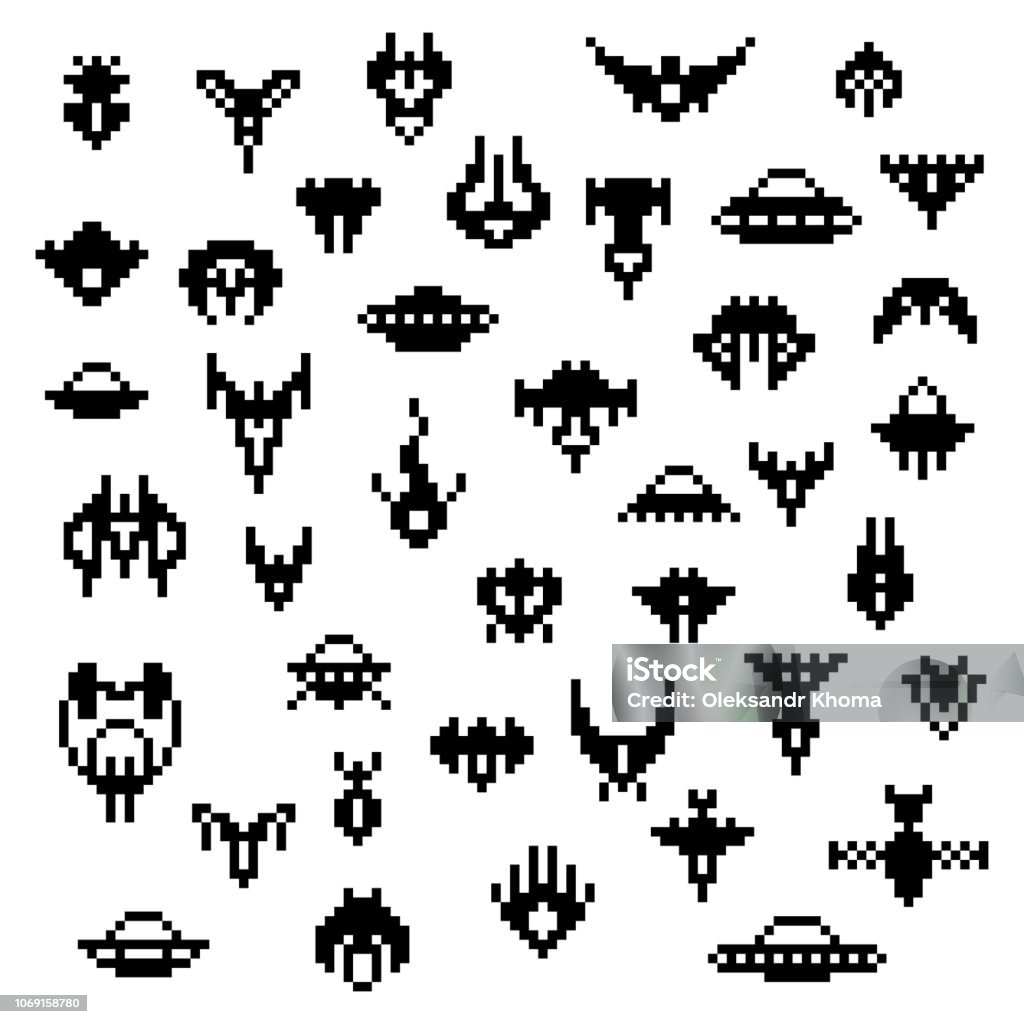 Pixel alien spaceships, a vector set of retro style 8 bit icons Pixel alien spaceships, a vector set of retro style 8 bit icons, old school pixel art space game sprites, various classic invaders ship silhouettes isolated on white Alien stock vector