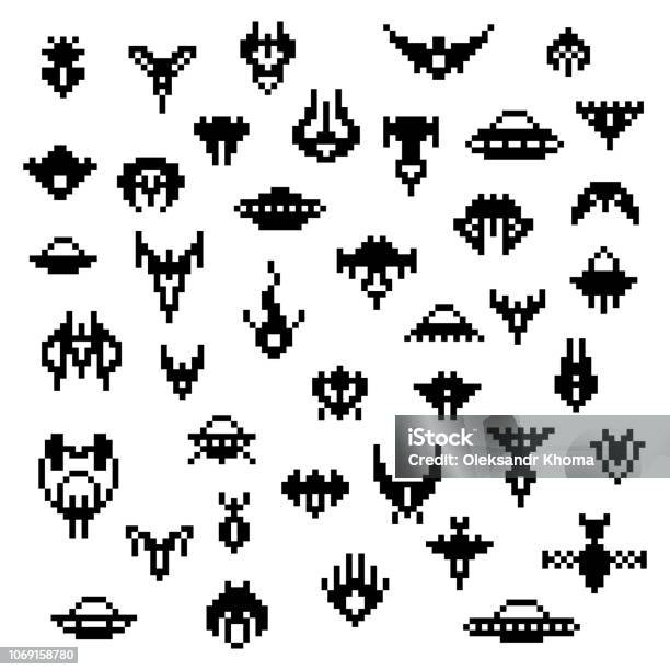 Pixel Alien Spaceships A Vector Set Of Retro Style 8 Bit Icons Stock Illustration - Download Image Now