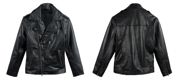 Black leather jacket shot from front and back side on white background