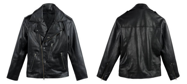 black leather jacket shot from front and back isolated on white - casaco de couro imagens e fotografias de stock