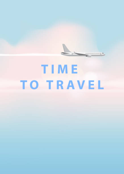 istock Flying plane and cloud on blue sky background. Concept design template of time to travel. Vector illustration in cartoon style, banner, poster, isolated, illustration 1069167414