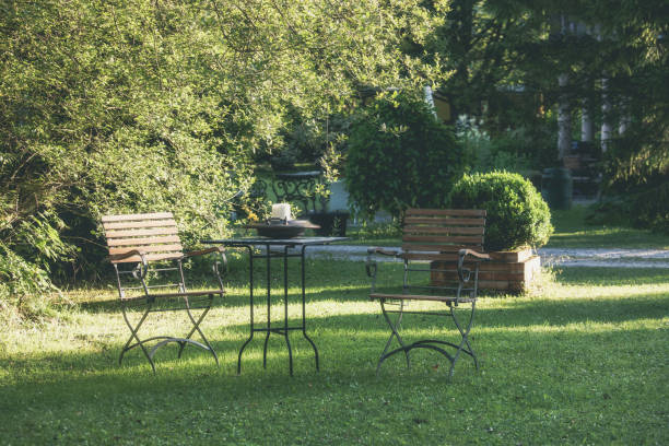 istock Table and chairs at summer green garden 1069169232