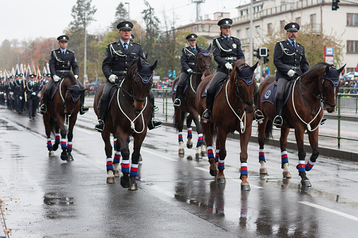 European street, Prague-October 28, 2018: Mounted Police of Czech Republic on military parade for 100th anniversary of creation Czechoslovakia on October 28, 2018 in Prague, Czech Republic