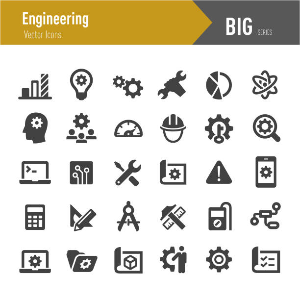 ilustraciones, imágenes clip art, dibujos animados e iconos de stock de iconos de la ingeniería - grandes series - drawing compass machine part engineering plan