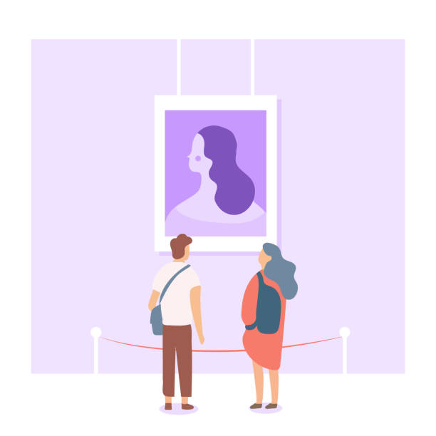 Couple looking at painting at exhibition. Gallery of modern art with visitors. Flat style vector illustration. exhibition illustrations stock illustrations