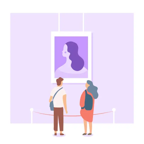 Vector illustration of Couple looking at painting at exhibition.