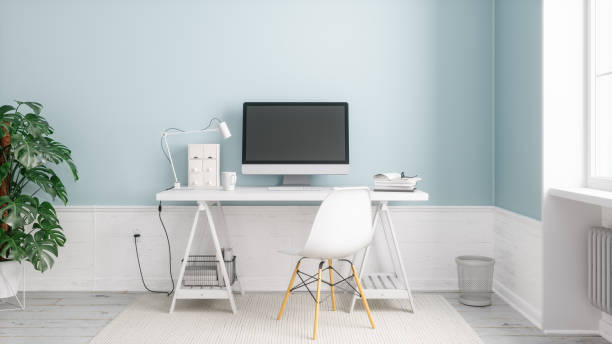 oficina moderna - chair desk white office fotografías e imágenes de stock