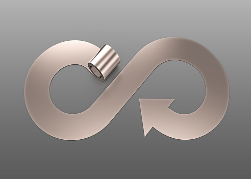 Circular economy concept. Metal roller and arrow infinity recycling symbol, isolated on gray background, 3D illustration.
