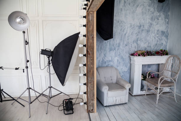 istock Interior of PhotoStudio flash light wall Chair 1069185504