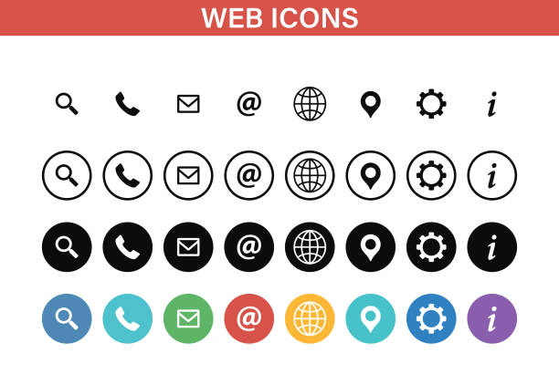 illustrazioni stock, clip art, cartoni animati e icone di tendenza di set di icone web e contatti. illustrazione vettoriale. - descrizione
