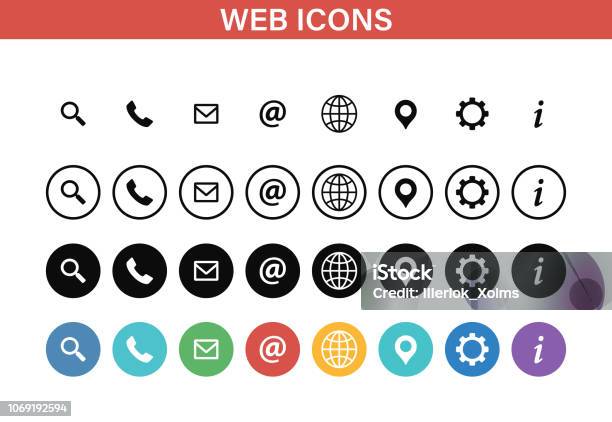 Web And Contact Icons Set Vector Illustration Stock Illustration - Download Image Now - Icon Symbol, Telephone, E-Mail