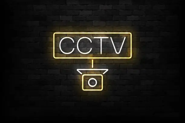 Vector illustration of Vector realistic isolated neon sign of CCTV logo for template decoration and layout covering on the wall background. Concept of security camera and surveillance.
