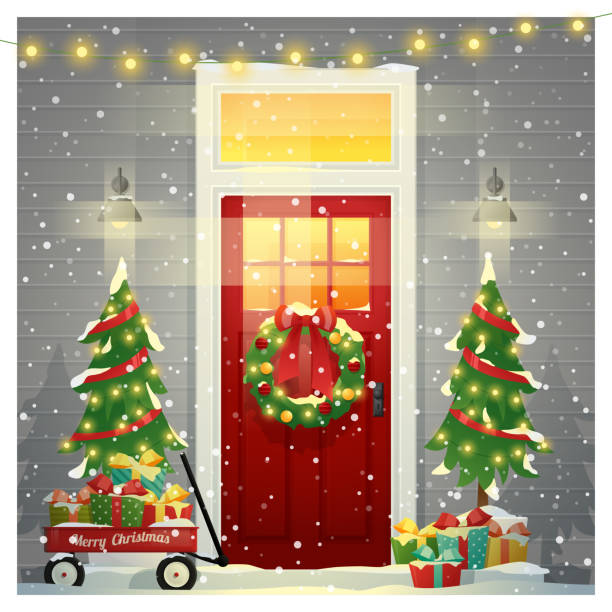 메리 크리스마스와 새 해 복 많이 받으세요 배경 장식된 크리스마스 정문, 벡터, 삽화 - christmas gate wreath house stock illustrations